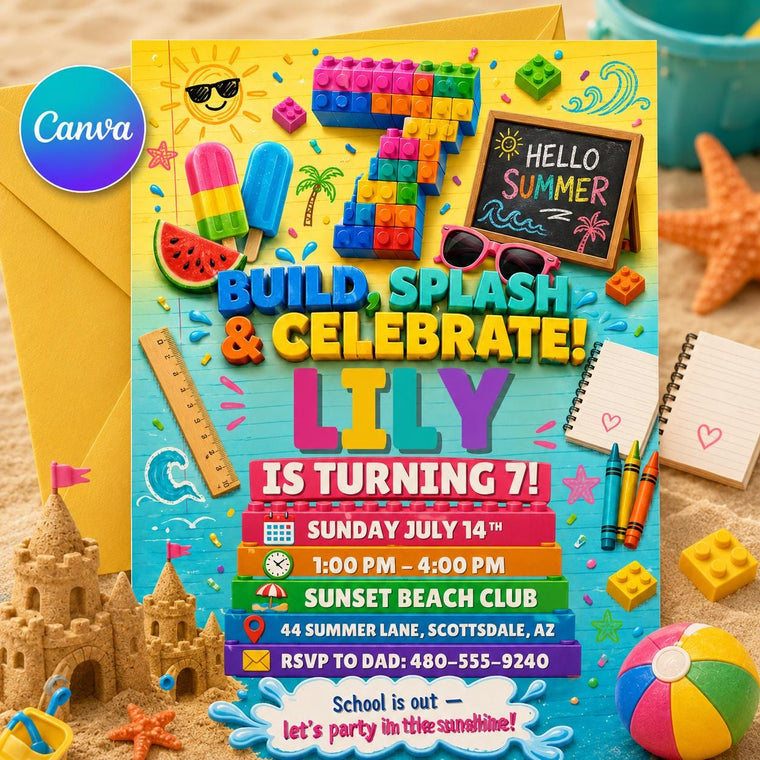 Build Splash and Celebrate 7th Birthday Beach Block Invitation