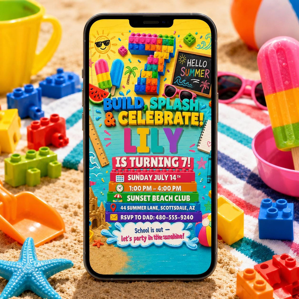 Build Splash and Celebrate 7th Birthday Beach Block Invitation — building blocks and beach design for a 7th birthday party
