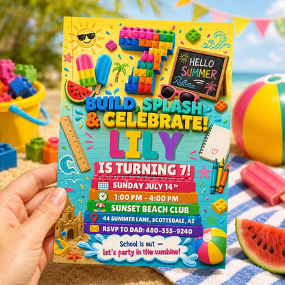 Build Splash and Celebrate 7th Birthday Beach Block Invitation in blue