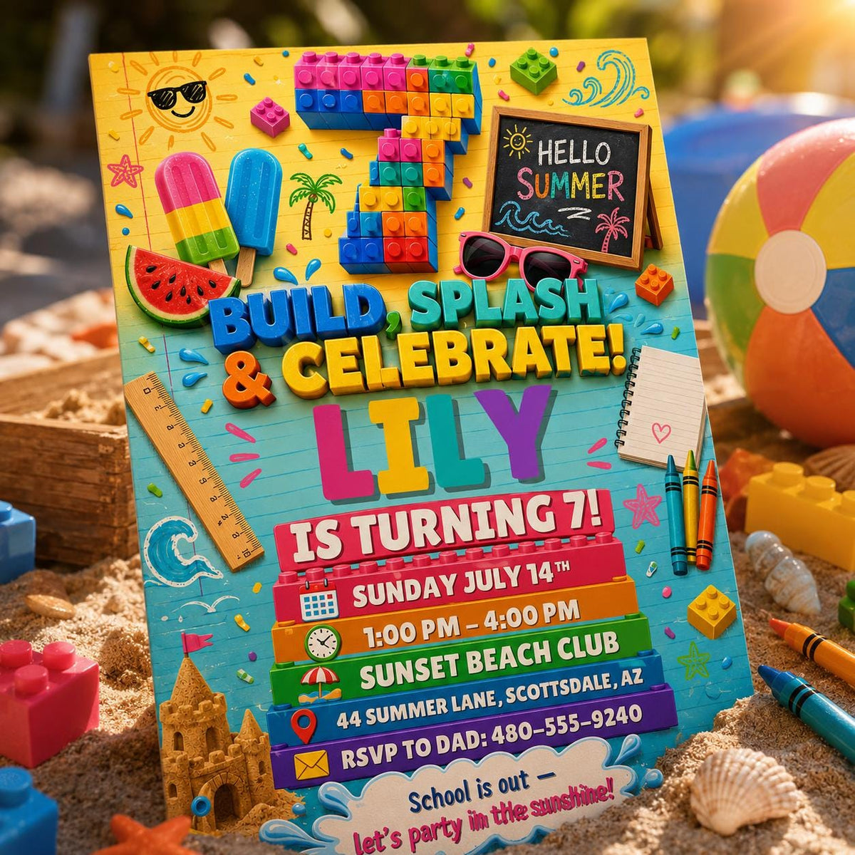 Build Splash and Celebrate 7th Birthday Beach Block Invitation — editable Canva template for a 7th birthday party