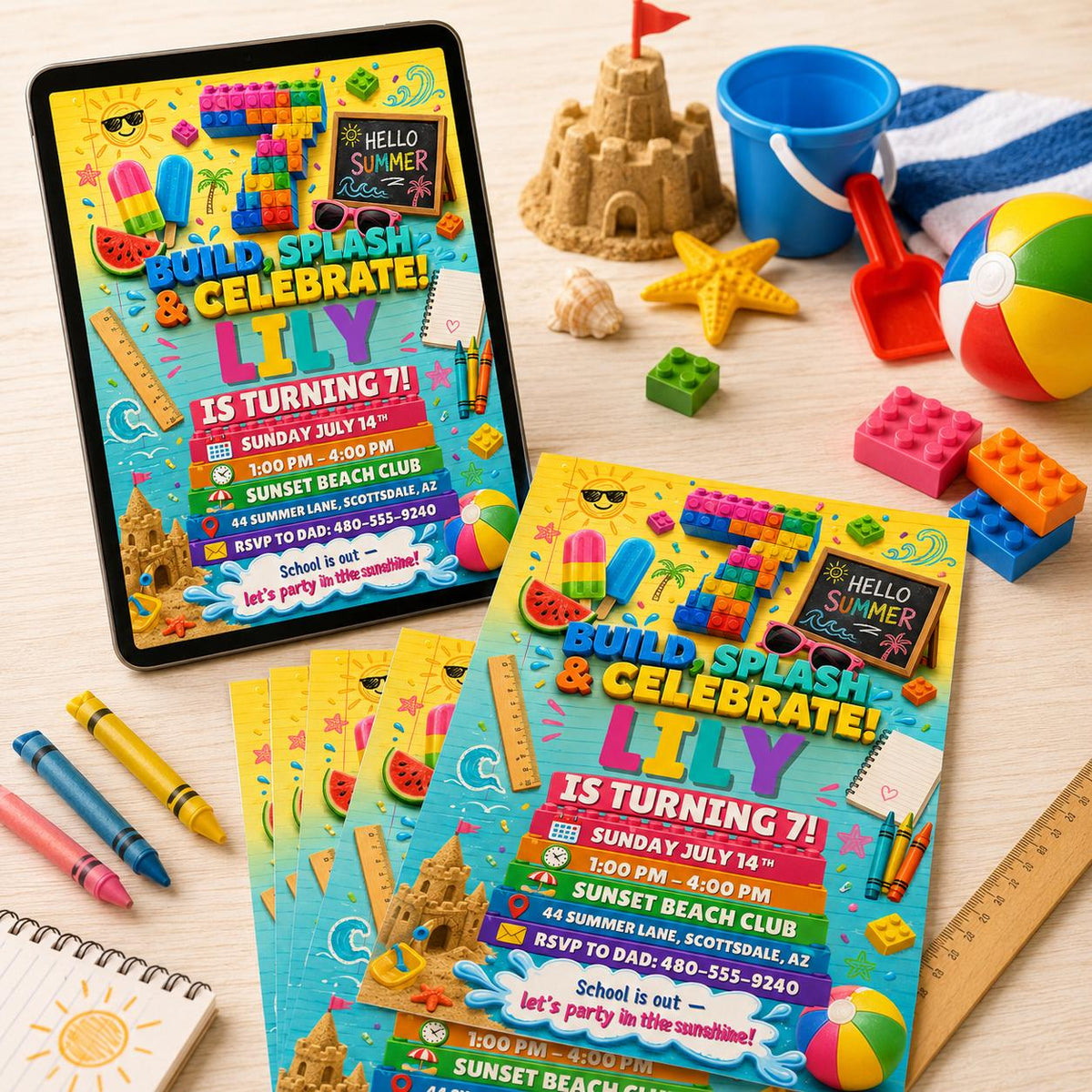 Build Splash and Celebrate 7th Birthday Beach Block Invitation — printable invitation from VoltBy