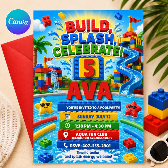 Build Splash Celebrate 5th Birthday Pool Party Invitation