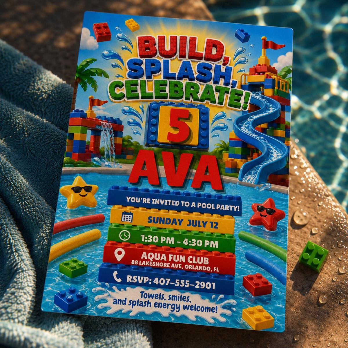 Build Splash Celebrate 5th Birthday Pool Party Invitation — building blocks and pool design for a 5th birthday party