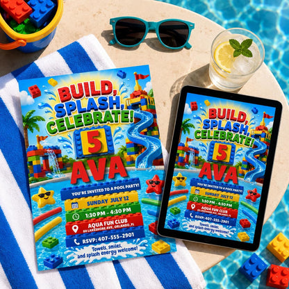 Build Splash Celebrate 5th Birthday Pool Party Invitation in blue