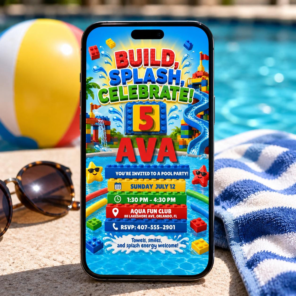 Build Splash Celebrate 5th Birthday Pool Party Invitation — printable invitation from VoltBy