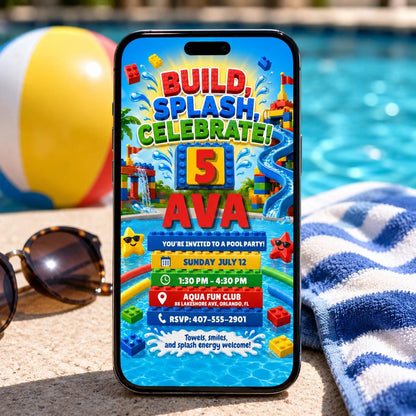 Build Splash Celebrate 5th Birthday Pool Party Invitation — printable invitation from VoltBy