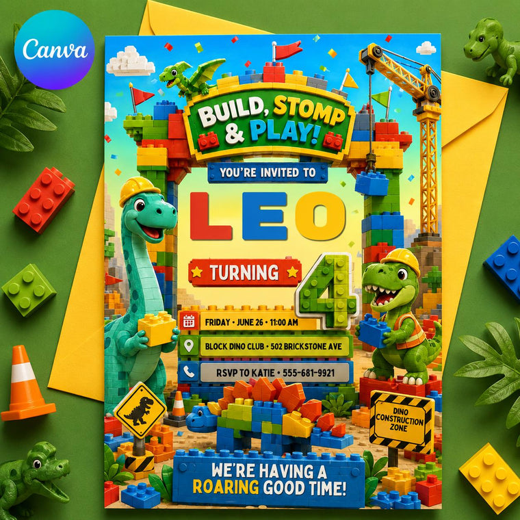 Build Stomp and Play Dinosaur Block 4th Birthday Invitation