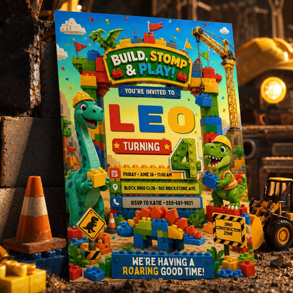 Build Stomp and Play Dinosaur Block 4th Birthday Invitation — building blocks and dinosaur design for a 4th birthday party
