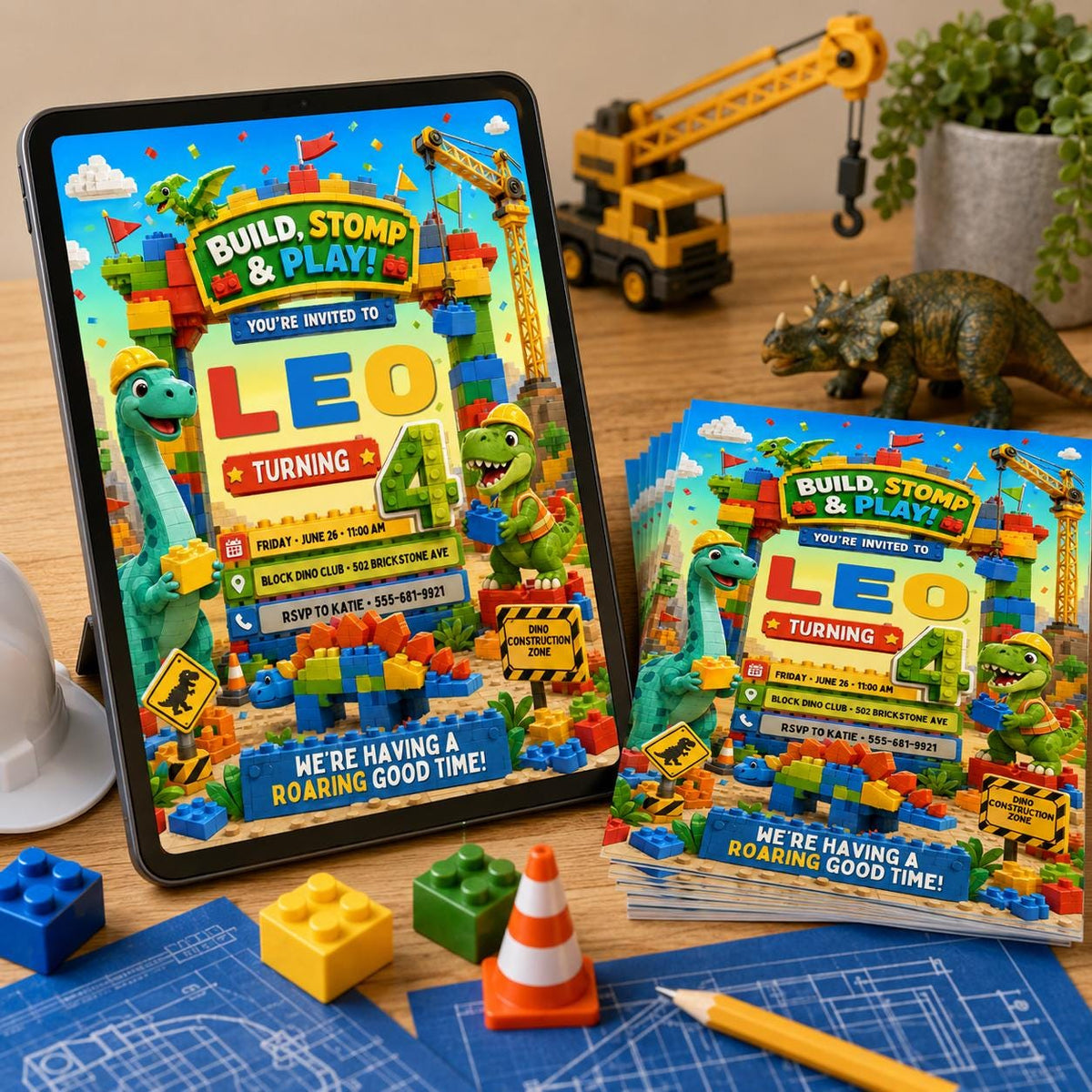 Build Stomp and Play Dinosaur Block 4th Birthday Invitation in green and yellow