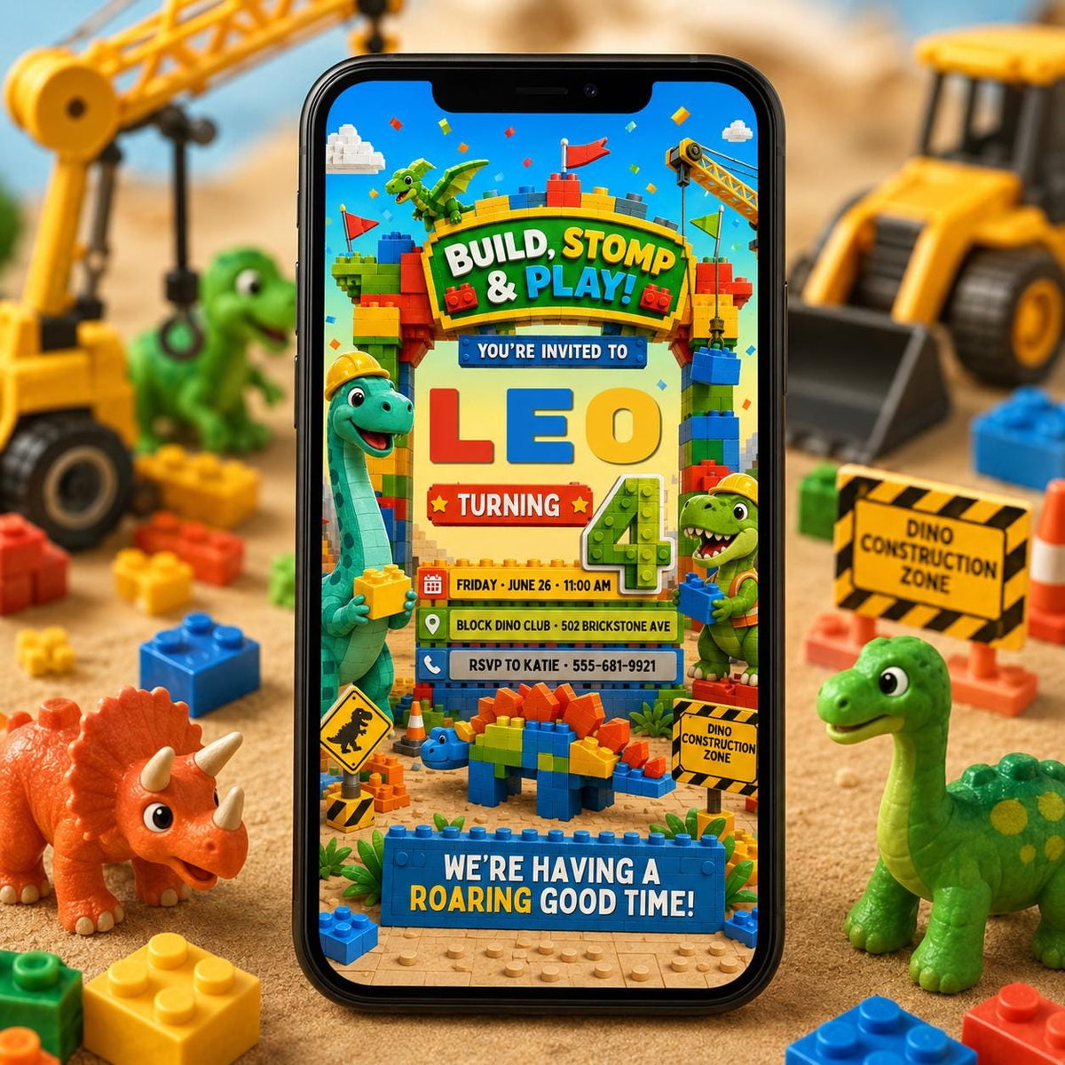 Build Stomp and Play Dinosaur Block 4th Birthday Invitation — editable Canva template for a 4th birthday party