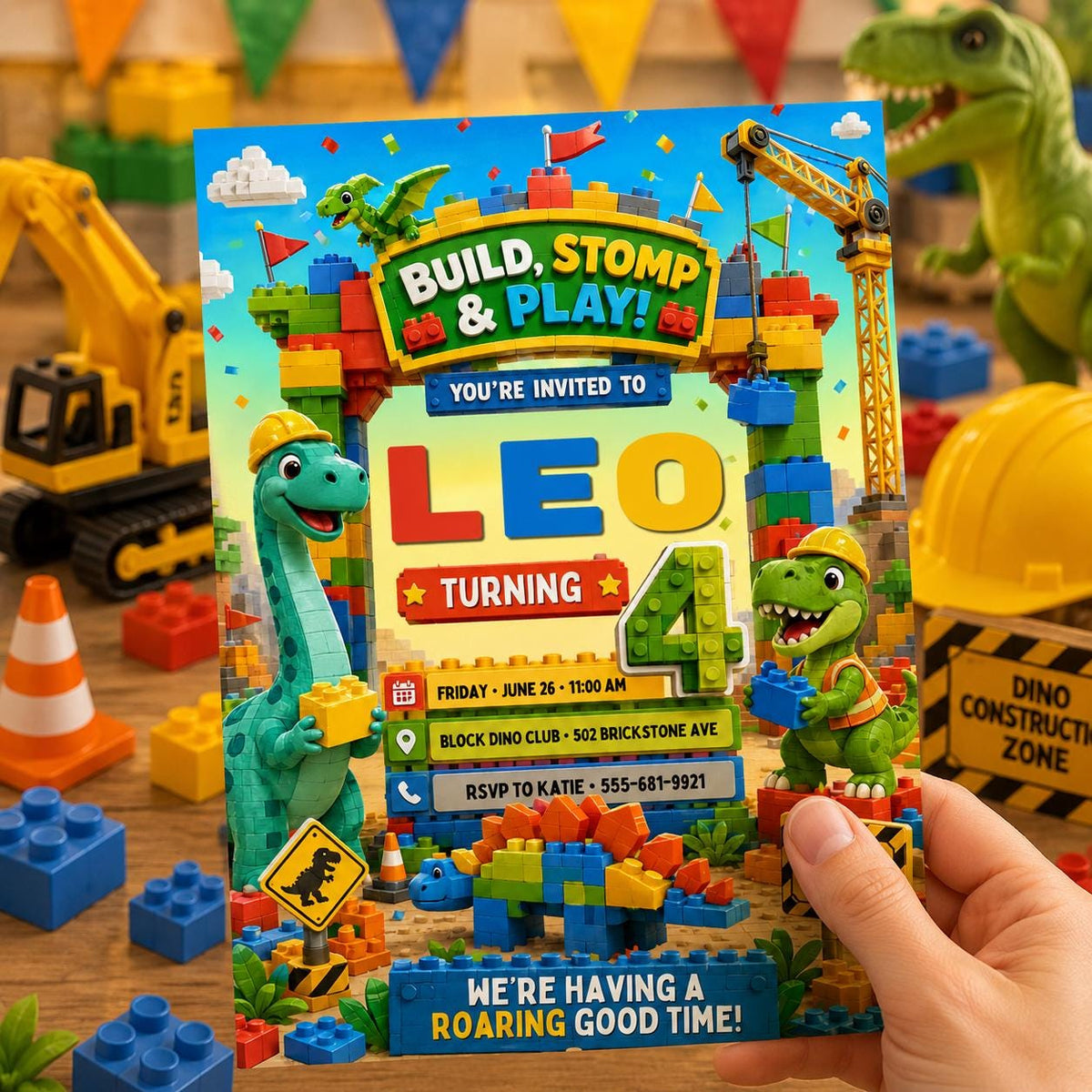 Build Stomp and Play Dinosaur Block 4th Birthday Invitation — printable invitation from VoltBy