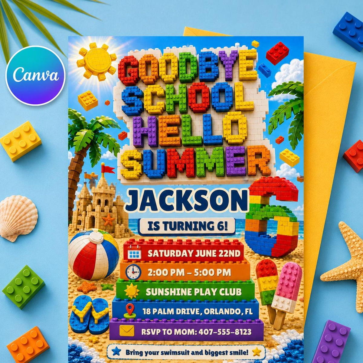 Building Block Beach 6th Birthday Goodbye School Invitation