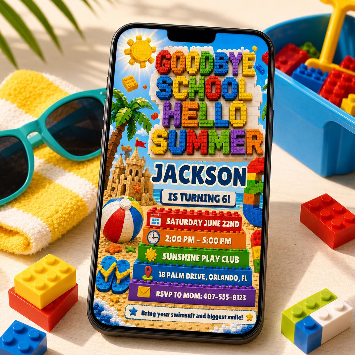 Building Block Beach 6th Birthday Goodbye School Invitation — building blocks and beach design for a 6th birthday party