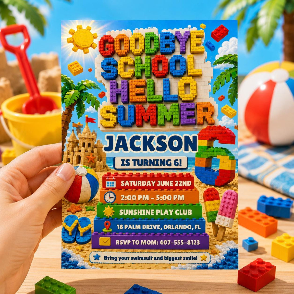 Building Block Beach 6th Birthday Goodbye School Invitation in blue
