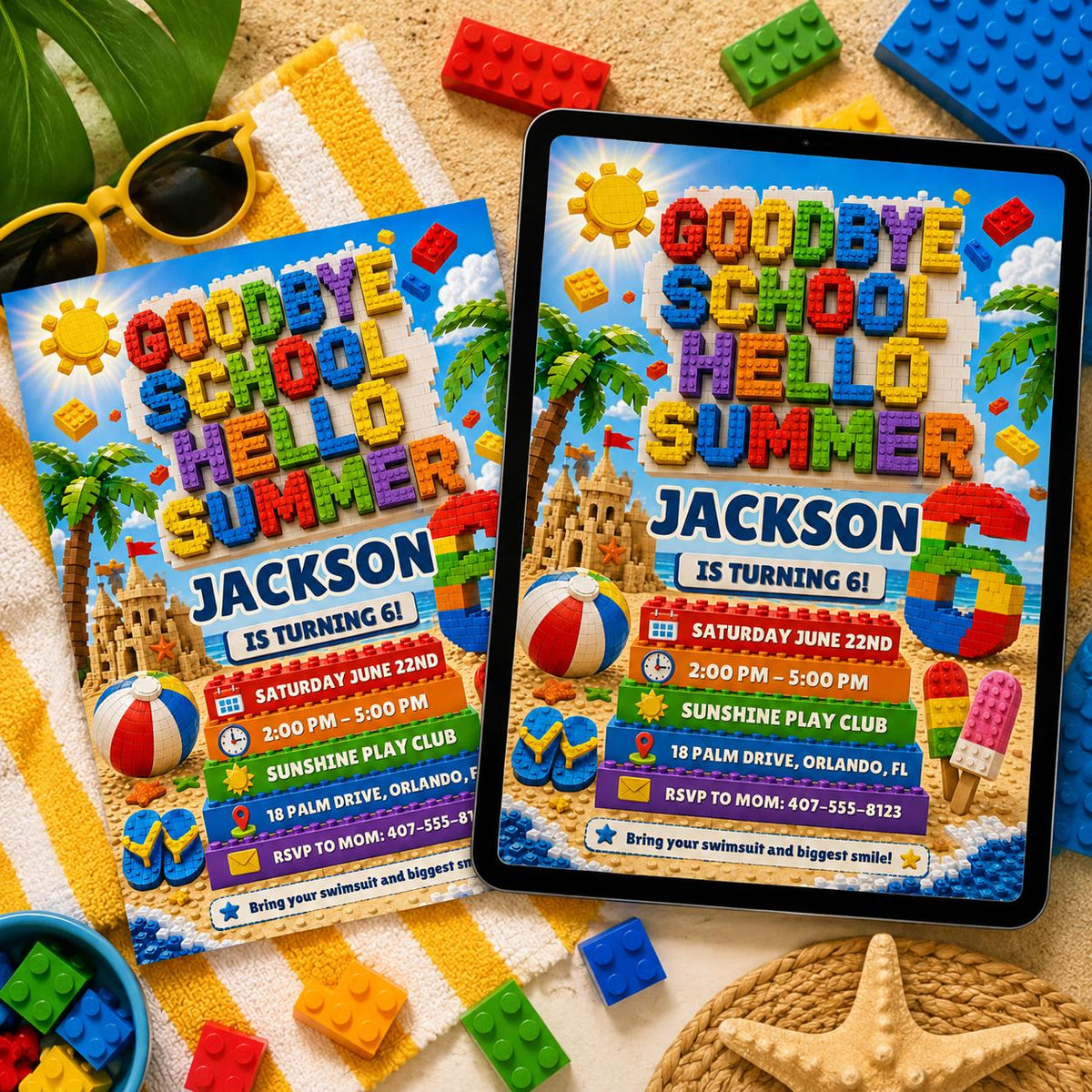 Building Block Beach 6th Birthday Goodbye School Invitation — printable invitation from VoltBy