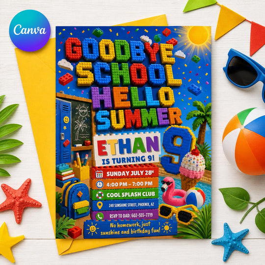 Building Block Goodbye School Hello Summer 9th Birthday Invitation