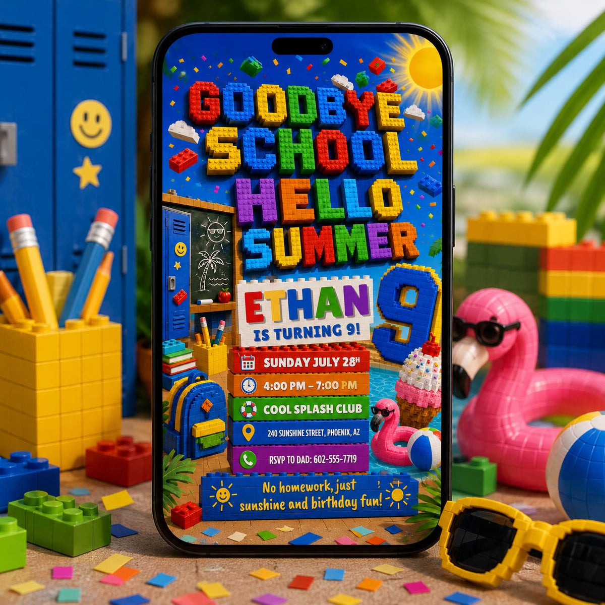 Building Block Goodbye School Hello Summer 9th Birthday Invitation — building blocks and beach design for a 9th birthday
