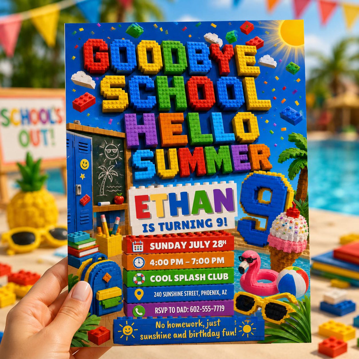 Building Block Goodbye School Hello Summer 9th Birthday Invitation in blue