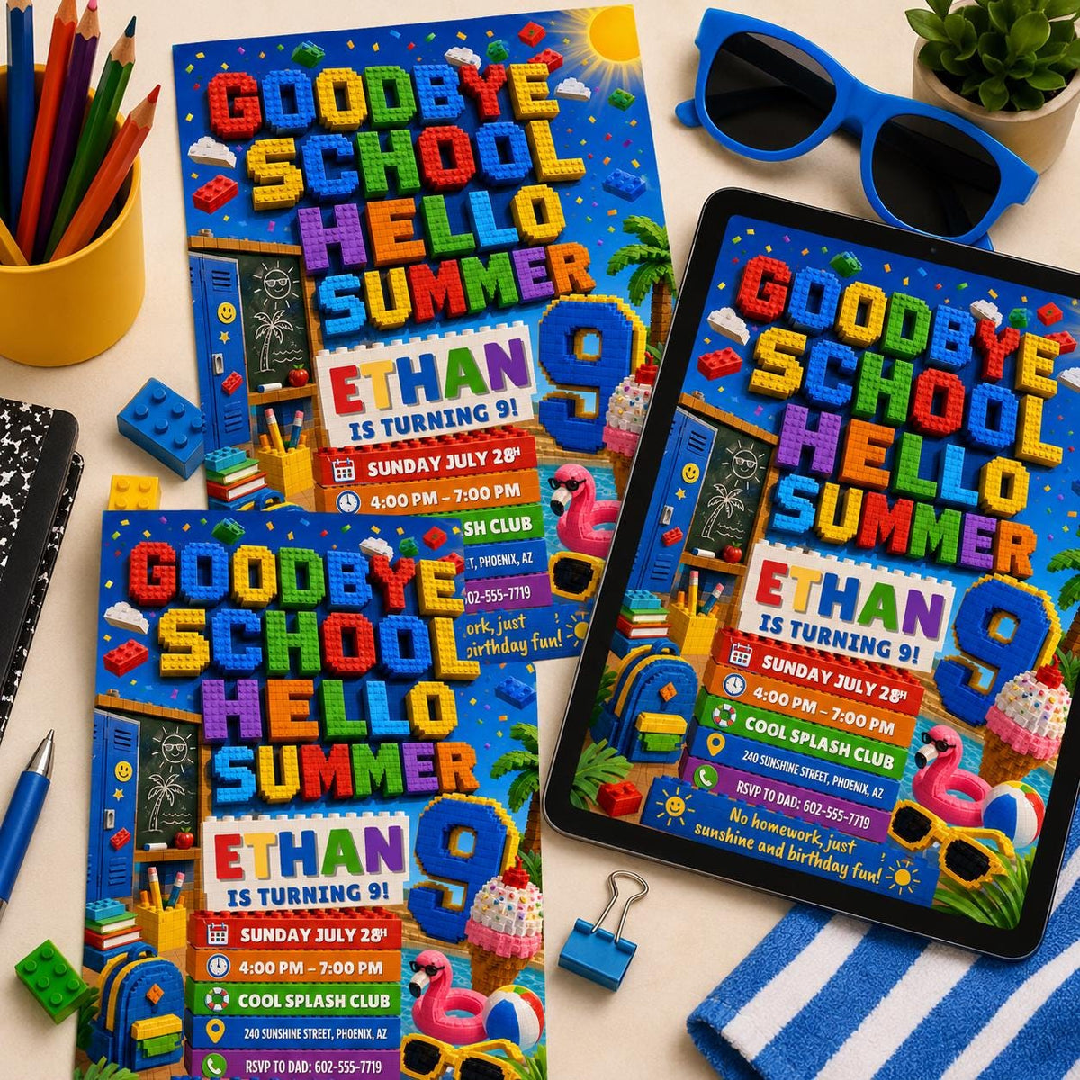 Building Block Goodbye School Hello Summer 9th Birthday Invitation — editable Canva template for a 9th birthday party