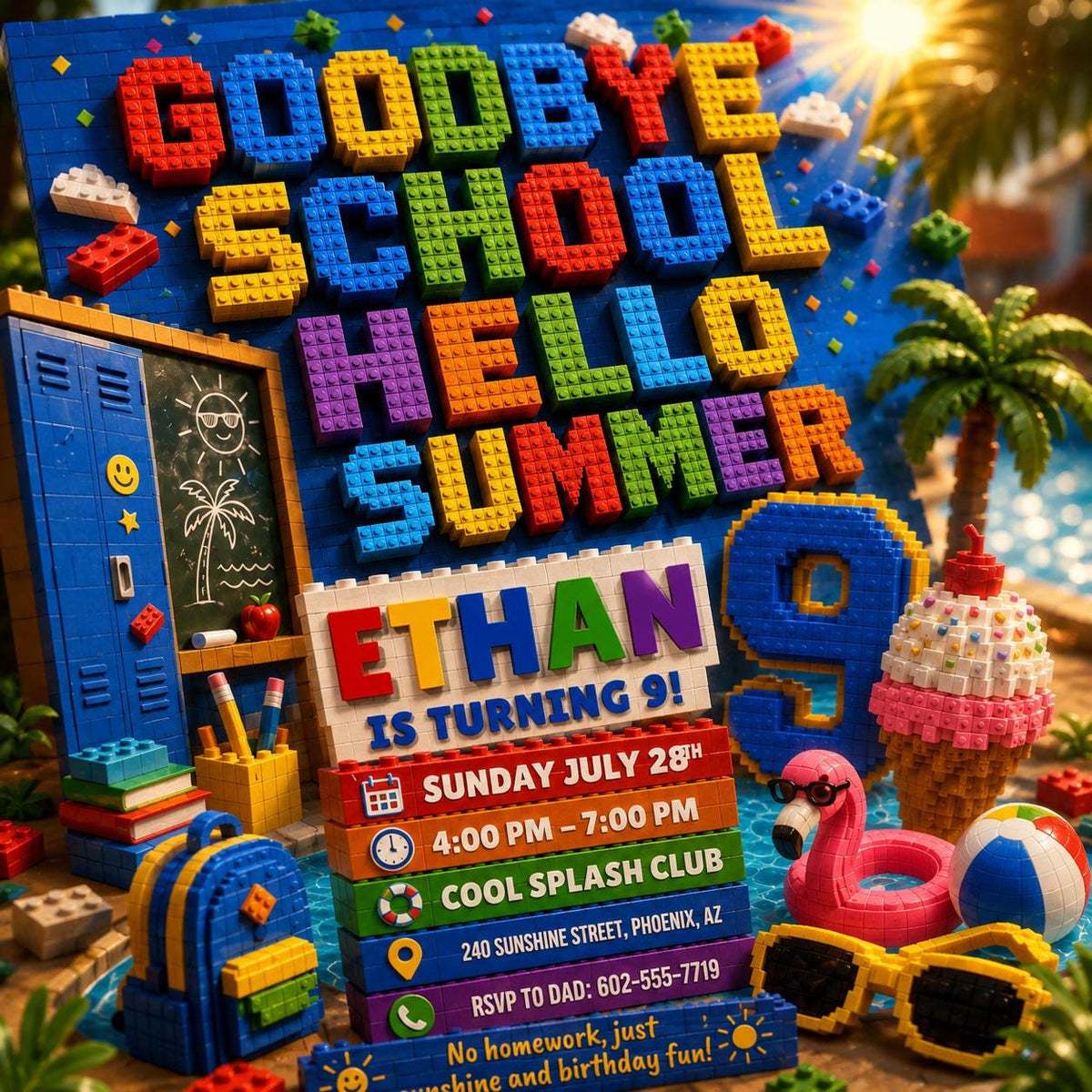 Building Block Goodbye School Hello Summer 9th Birthday Invitation — printable invitation from VoltBy