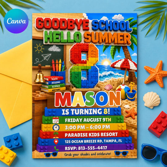 Building Block Hello Summer 8th Birthday Beach Party Invitation