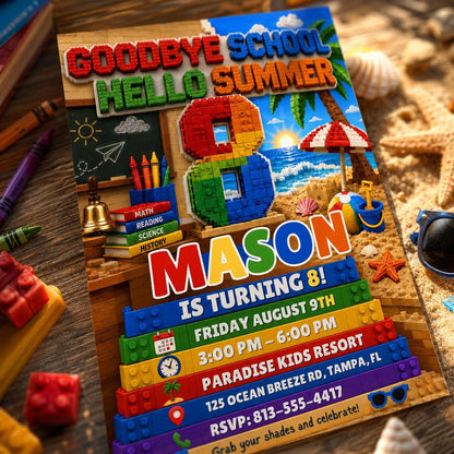 Building Block Hello Summer 8th Birthday Beach Party Invitation — building blocks and beach design for a 8th birthday party