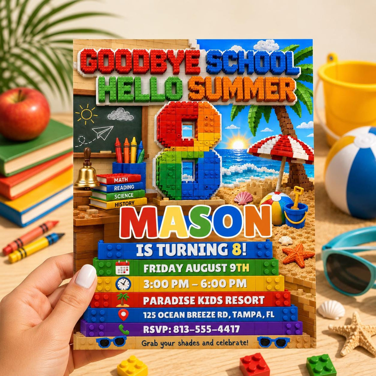 Building Block Hello Summer 8th Birthday Beach Party Invitation in blue