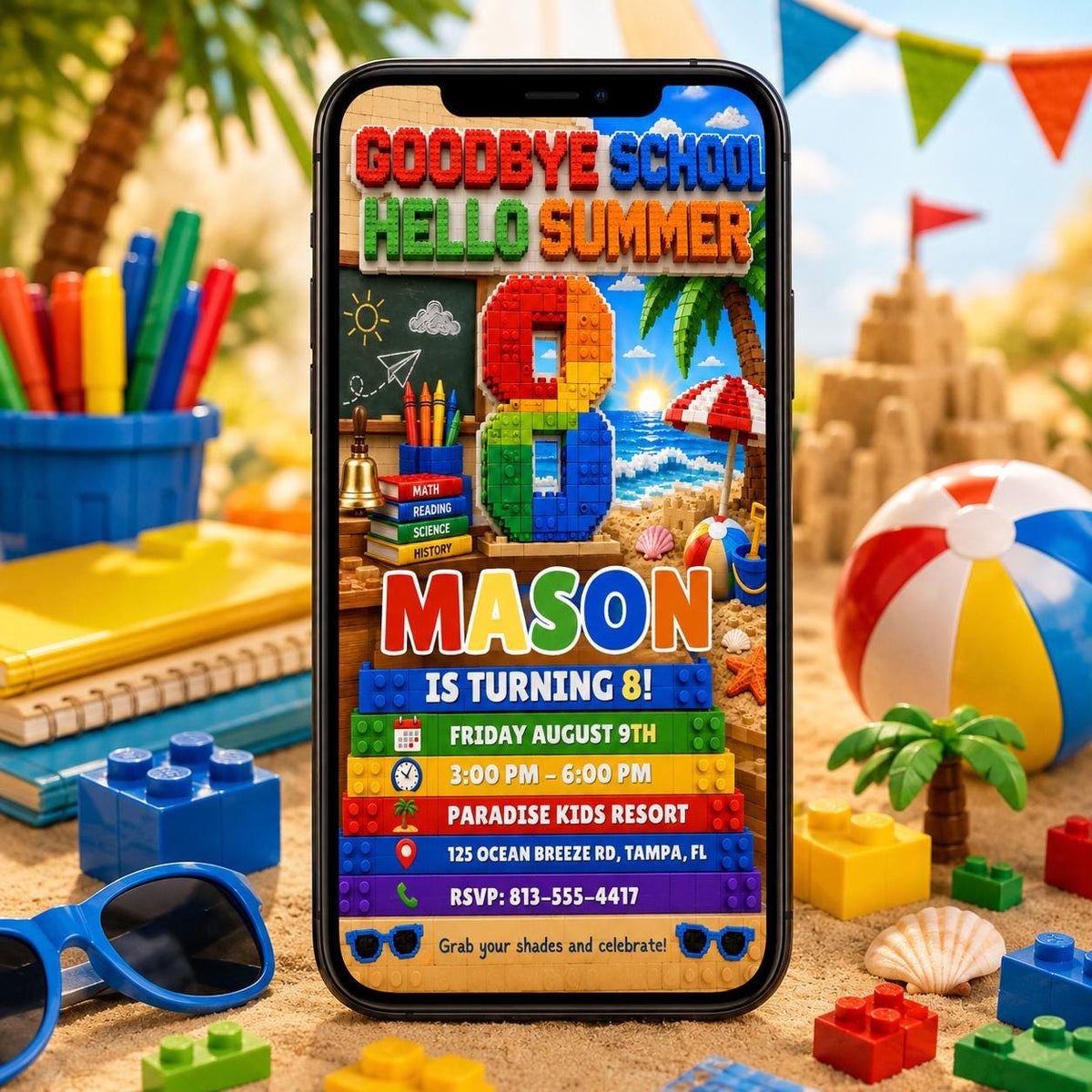 Building Block Hello Summer 8th Birthday Beach Party Invitation — editable Canva template for a 8th birthday party
