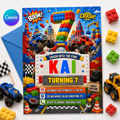 Building Block Monster Truck 7th Birthday Invitation