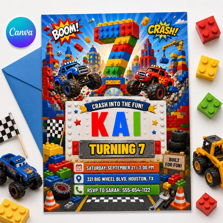 Building Block Monster Truck 7th Birthday Invitation
