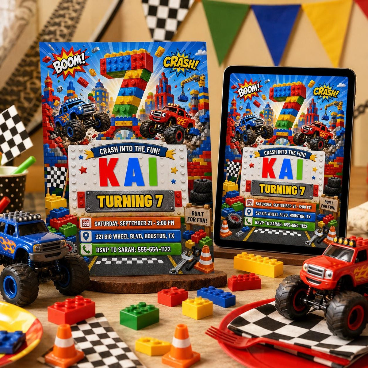 Building Block Monster Truck 7th Birthday Invitation — building blocks and monster truck design for a 7th birthday party