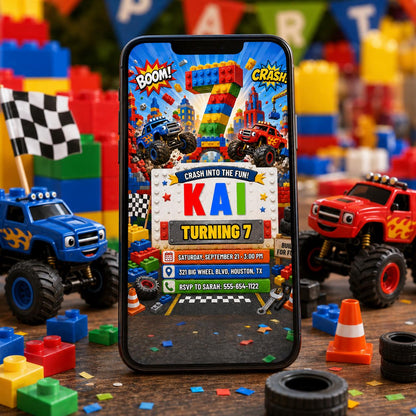 Building Block Monster Truck 7th Birthday Invitation in red and blue