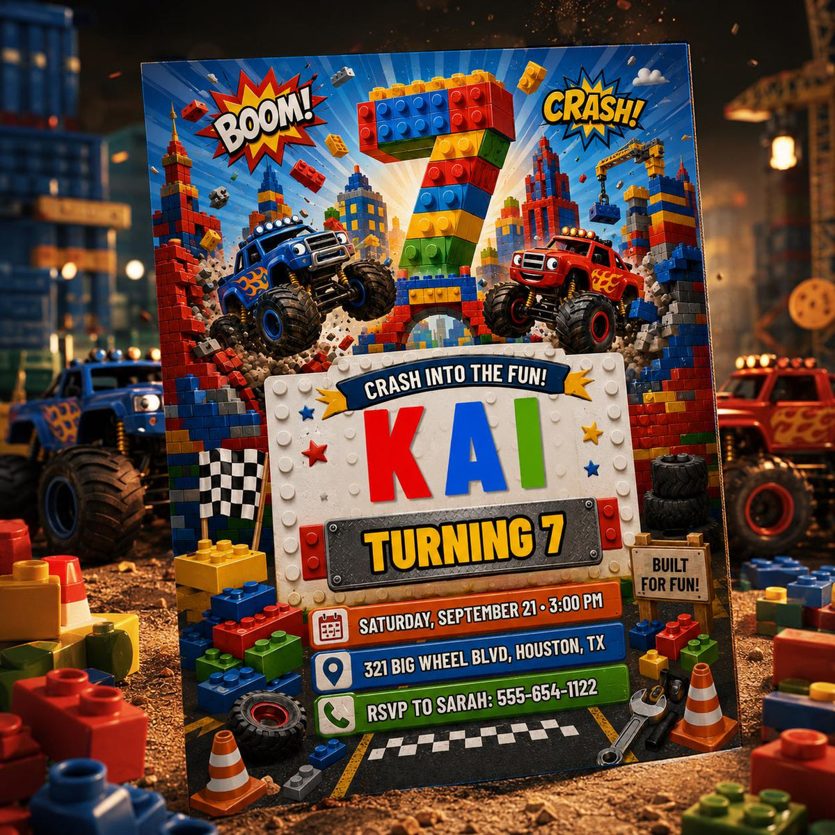 Building Block Monster Truck 7th Birthday Invitation — editable Canva template for a 7th birthday party
