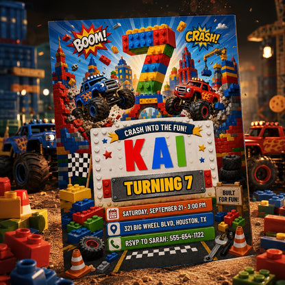 Building Block Monster Truck 7th Birthday Invitation — editable Canva template for a 7th birthday party