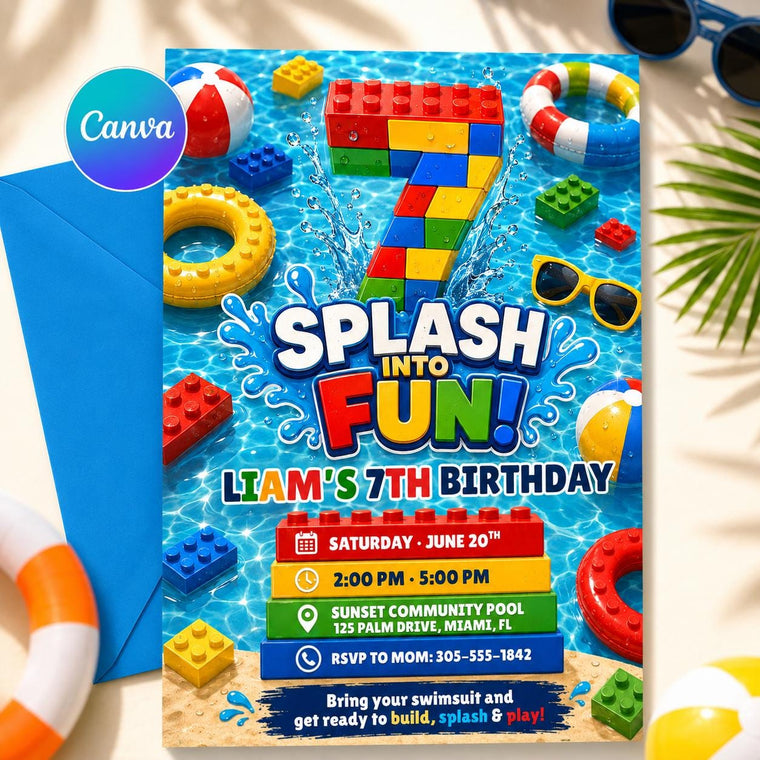 Building Block Splash 7th Birthday Pool Party Invitation