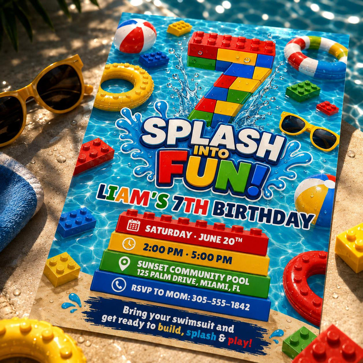 Building Block Splash 7th Birthday Pool Party Invitation — building blocks and pool design for a 7th birthday party
