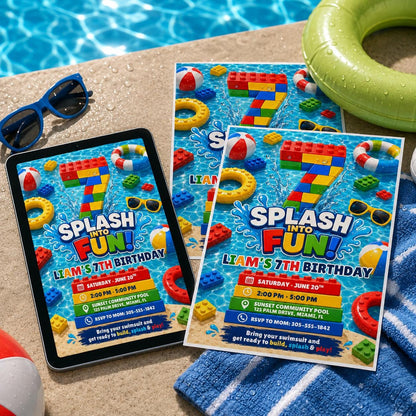 Building Block Splash 7th Birthday Pool Party Invitation in blue