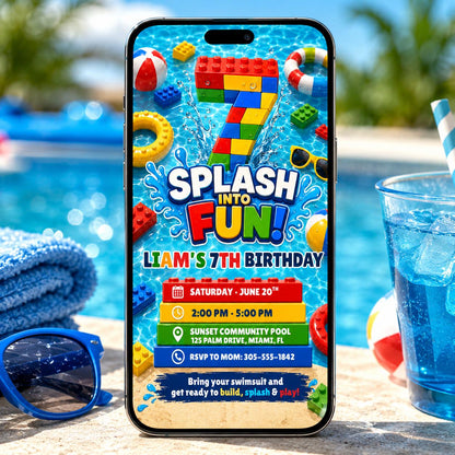 Building Block Splash 7th Birthday Pool Party Invitation — editable Canva template for a 7th birthday party