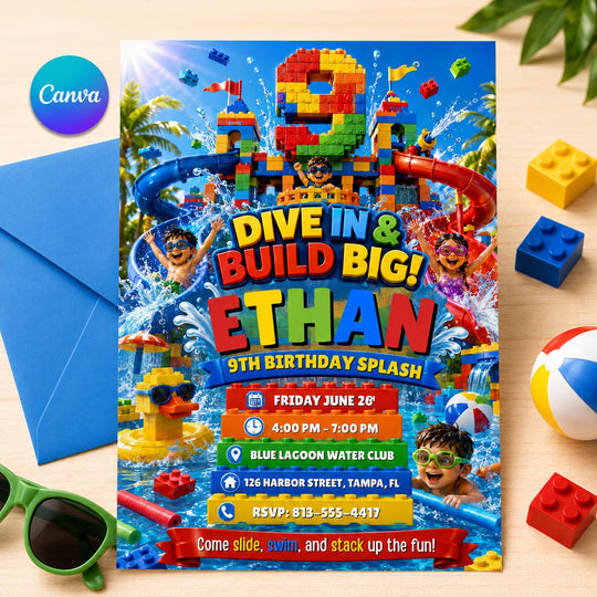 Building Block Water Park 9th Birthday Splash Invitation