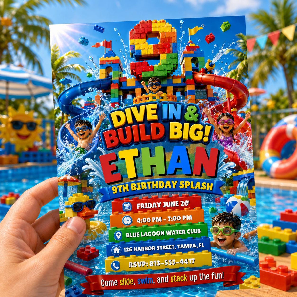 Building Block Water Park 9th Birthday Splash Invitation — building blocks and pool design for a 9th birthday party
