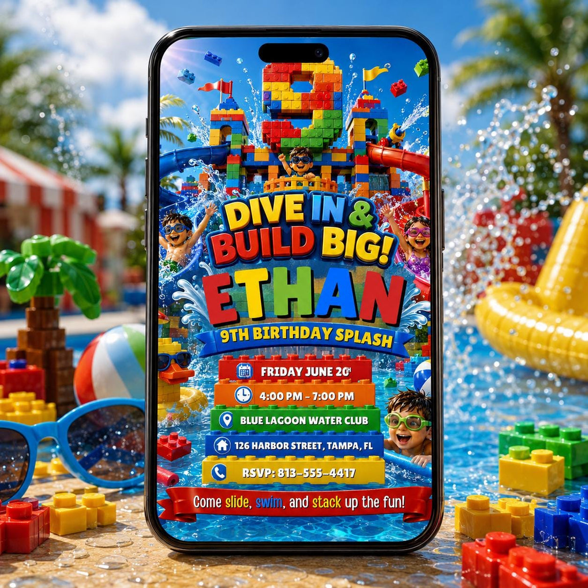 Building Block Water Park 9th Birthday Splash Invitation in blue