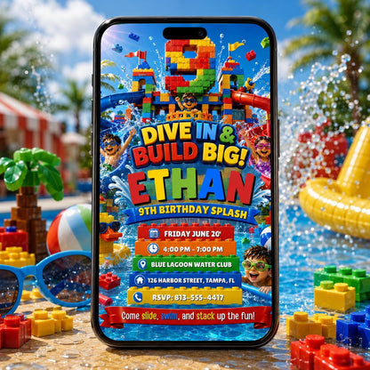 Building Block Water Park 9th Birthday Splash Invitation in blue