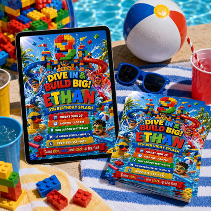 Building Block Water Park 9th Birthday Splash Invitation — editable Canva template for a 9th birthday party