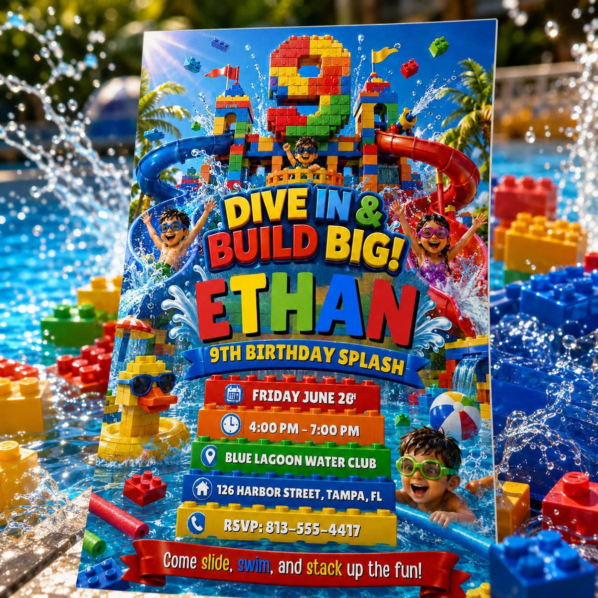 Building Block Water Park 9th Birthday Splash Invitation — printable invitation from VoltBy