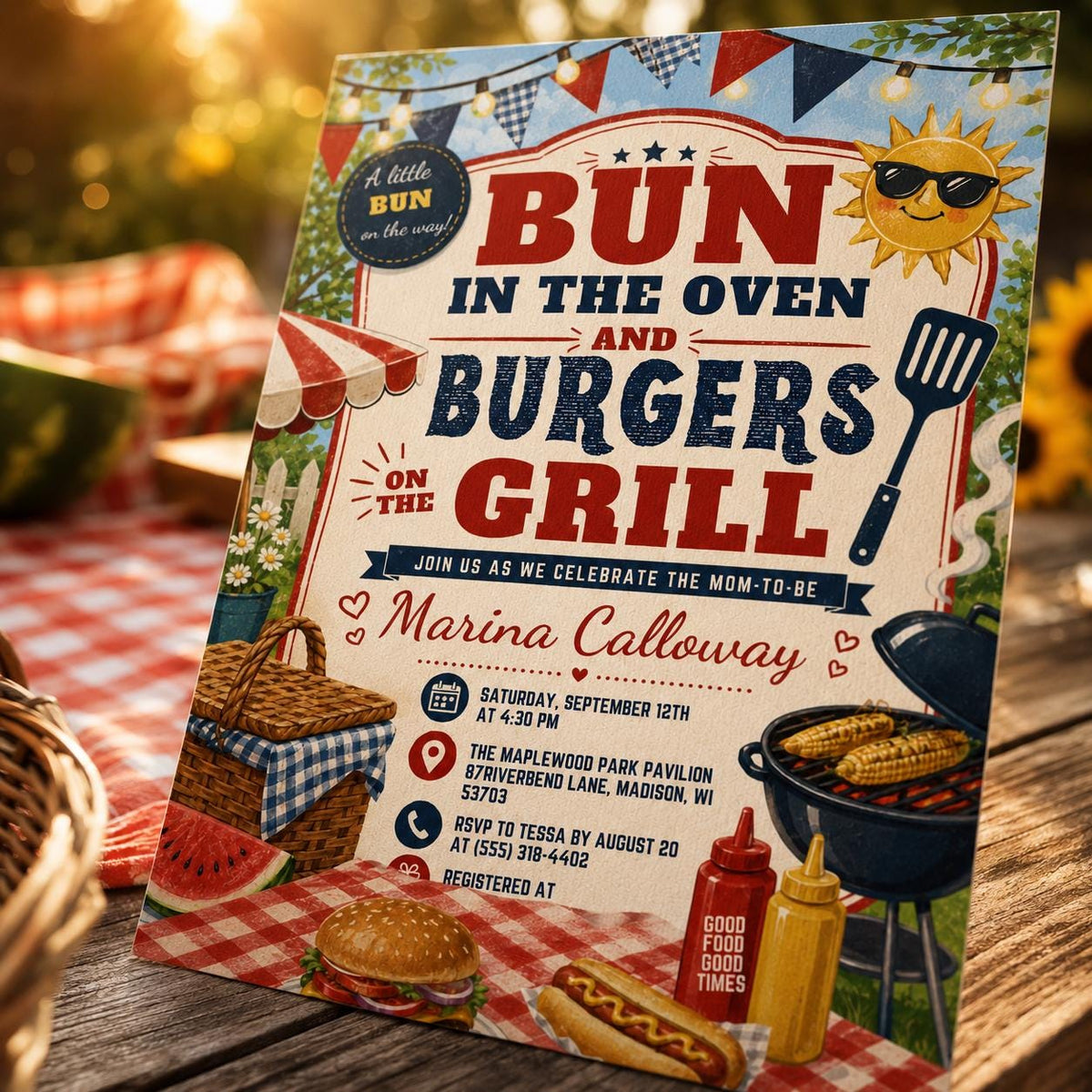 Bun in the Oven Burgers on the Grill Baby Shower Invitation in cream and red