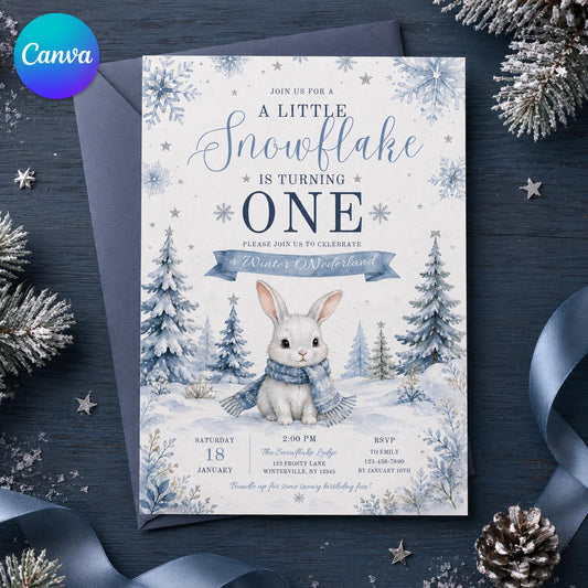 Bunny Little Snowflake First Birthday Invitation — editable Canva template