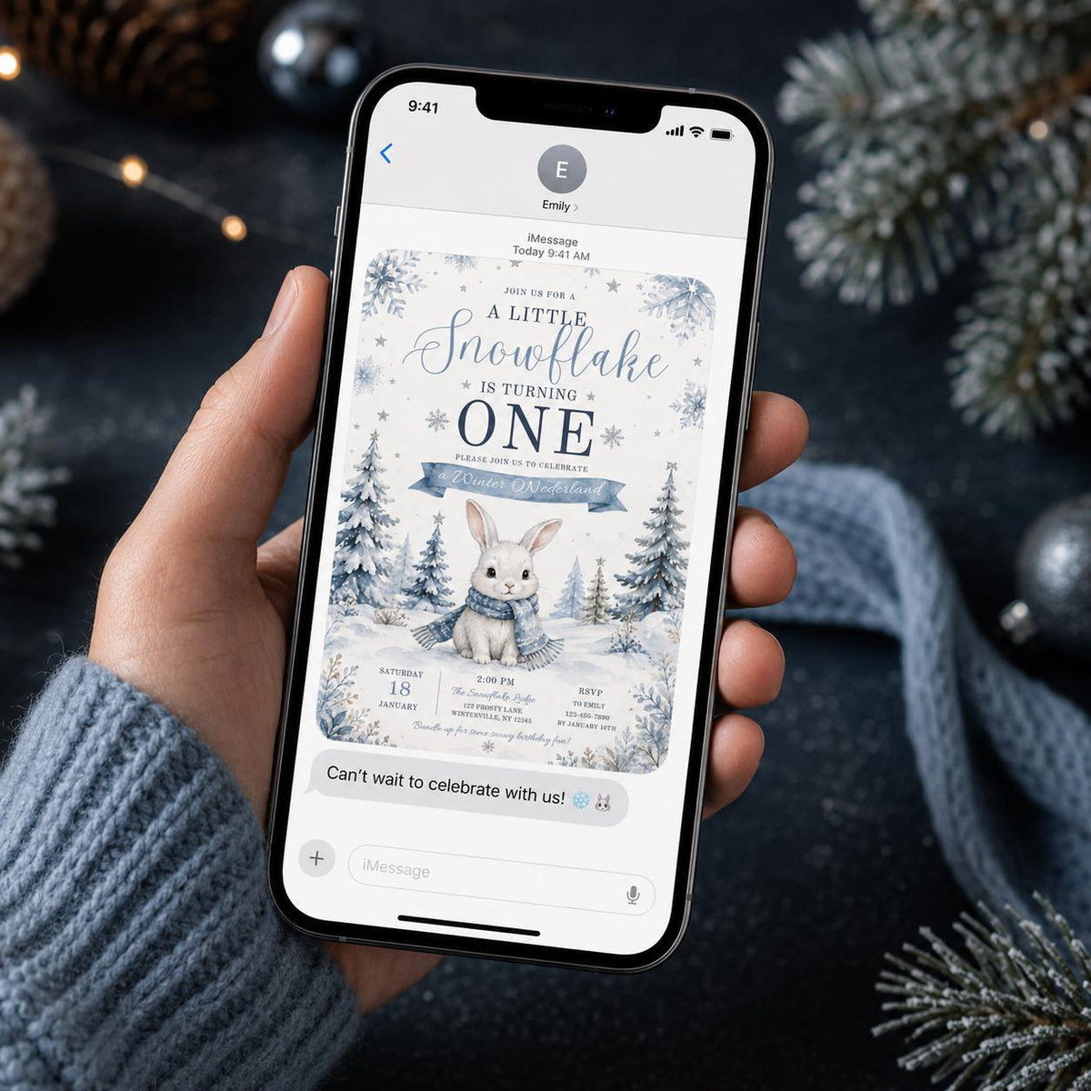 Bunny Little Snowflake First Birthday Invitation — invitation you personalize in Canva