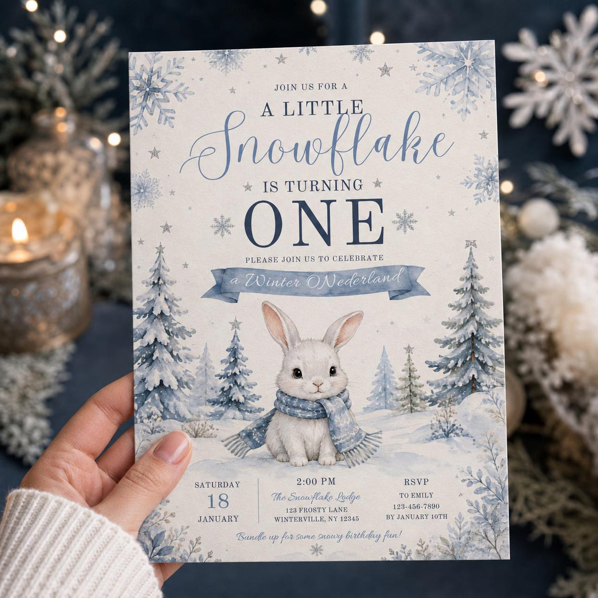 Bunny Little Snowflake First Birthday Invitation — print-ready first birthday design from VoltBy