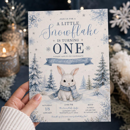 Bunny Little Snowflake First Birthday Invitation — print-ready first birthday design from VoltBy