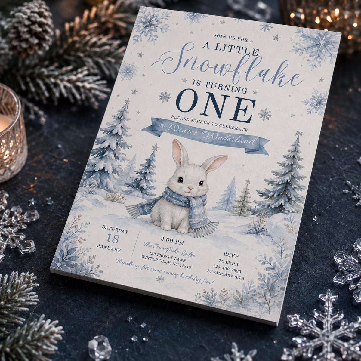 Bunny Little Snowflake First Birthday Invitation — first birthday stationery by VoltBy